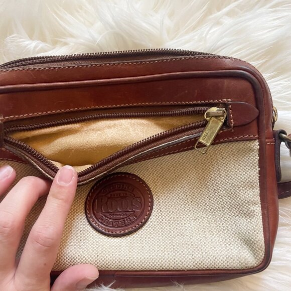 VTG Roots Red Brown Leather Cream Woven Canvas Crossbody Purse Bag - Picture 9 of 9